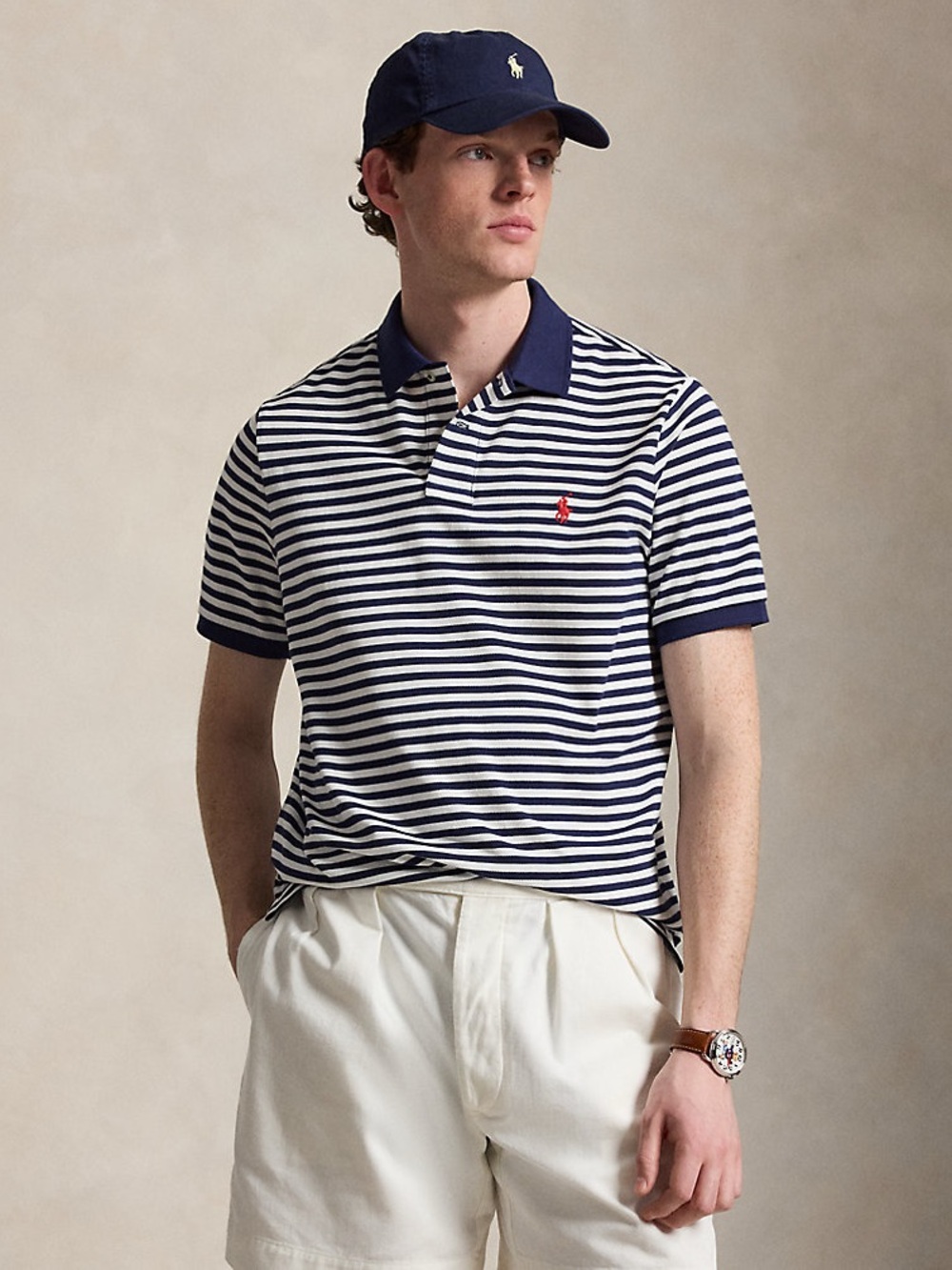 Polo Ralph Lauren Navy and White Striped Polo with Orange Pony Logo Men’s Medium
